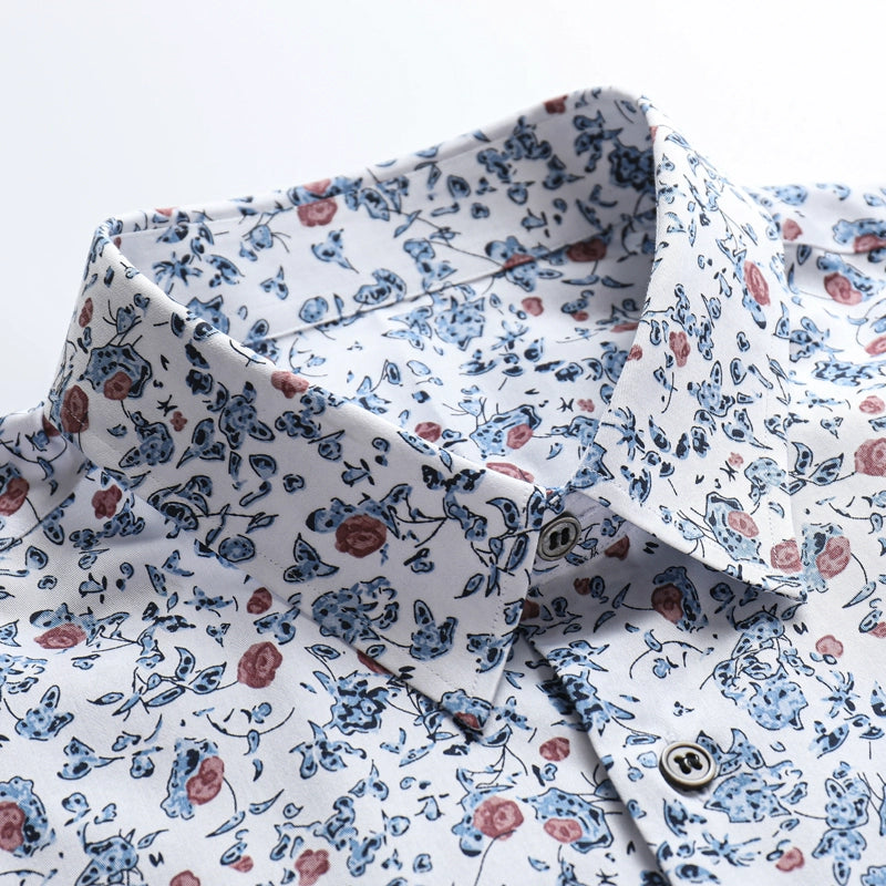 Spring and summer cotton blue printed floral long-sleeved men's slim-fitting handmade shirts can be customized