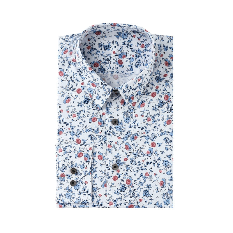 Spring and summer cotton blue printed floral long-sleeved men's slim-fitting handmade shirts can be customized