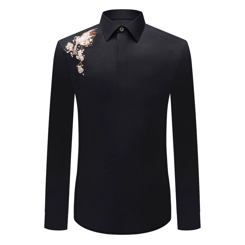 Chinese style personalized embroidered shirt men's new summer pure cotton crane embroidered men's high-end long-sleeved shirt