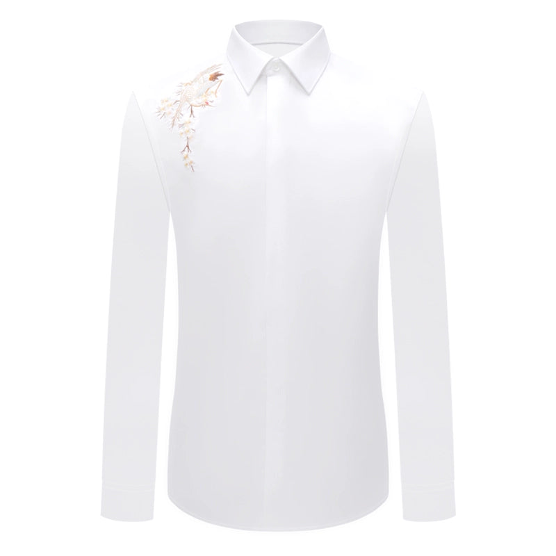 Chinese style personalized embroidered shirt men's new summer pure cotton crane embroidered men's high-end long-sleeved shirt