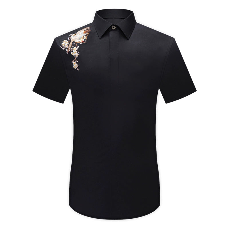 Chinese style personalized embroidered shirt men's new summer pure cotton crane embroidered men's high-end long-sleeved shirt