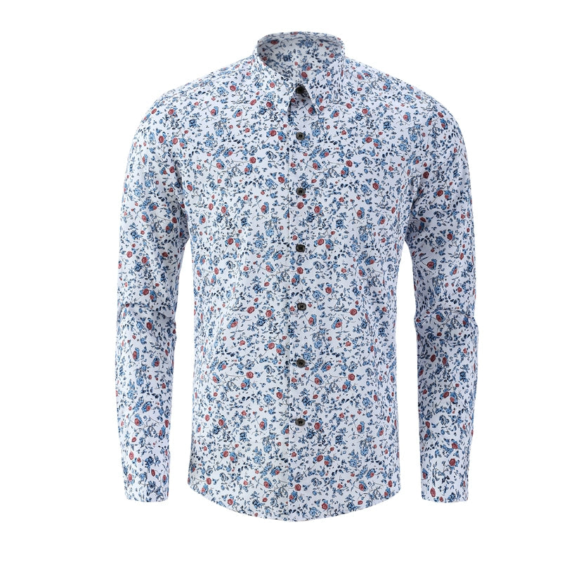 Spring and summer cotton blue printed floral long-sleeved men's slim-fitting handmade shirts can be customized