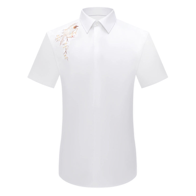 Chinese style personalized embroidered shirt men's new summer pure cotton crane embroidered men's high-end long-sleeved shirt